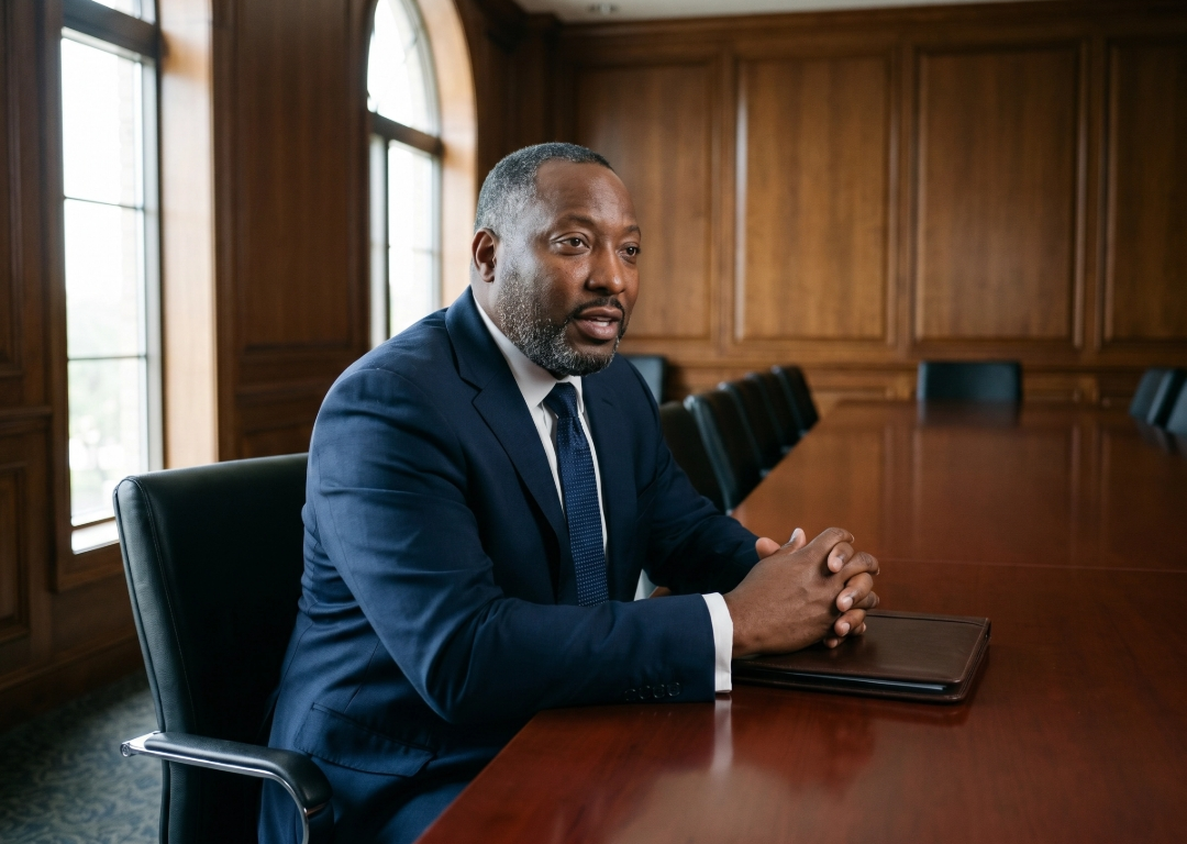 Tracy Beasley, Ph.D., seated at a conference table in a wood-paneled boardroom.
